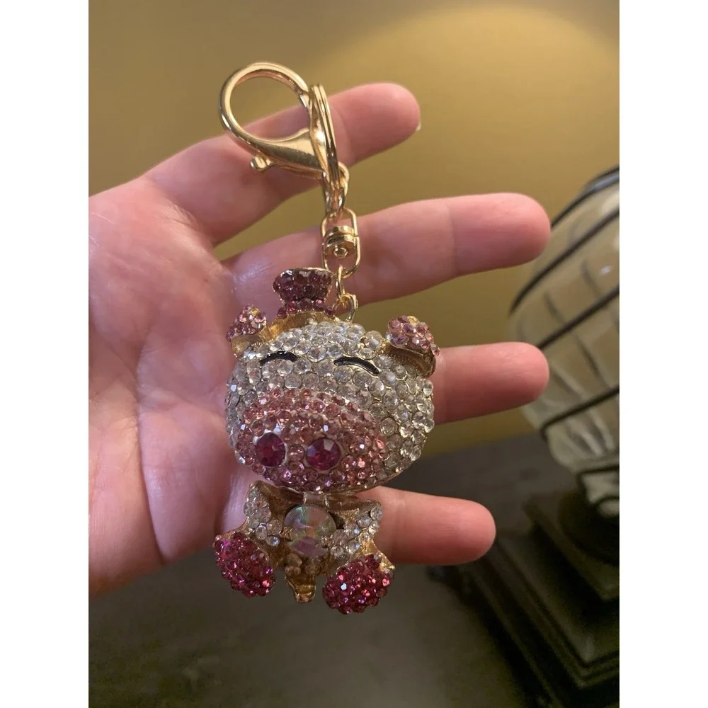 Pig Articulated Keychain Bejeweled Rhinestone Purse Jewelry‎ Bling Clip Key Ring